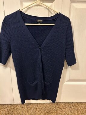 Talbots Navy Short-Sleeve Cable Knit Cardigan with Front Pockets